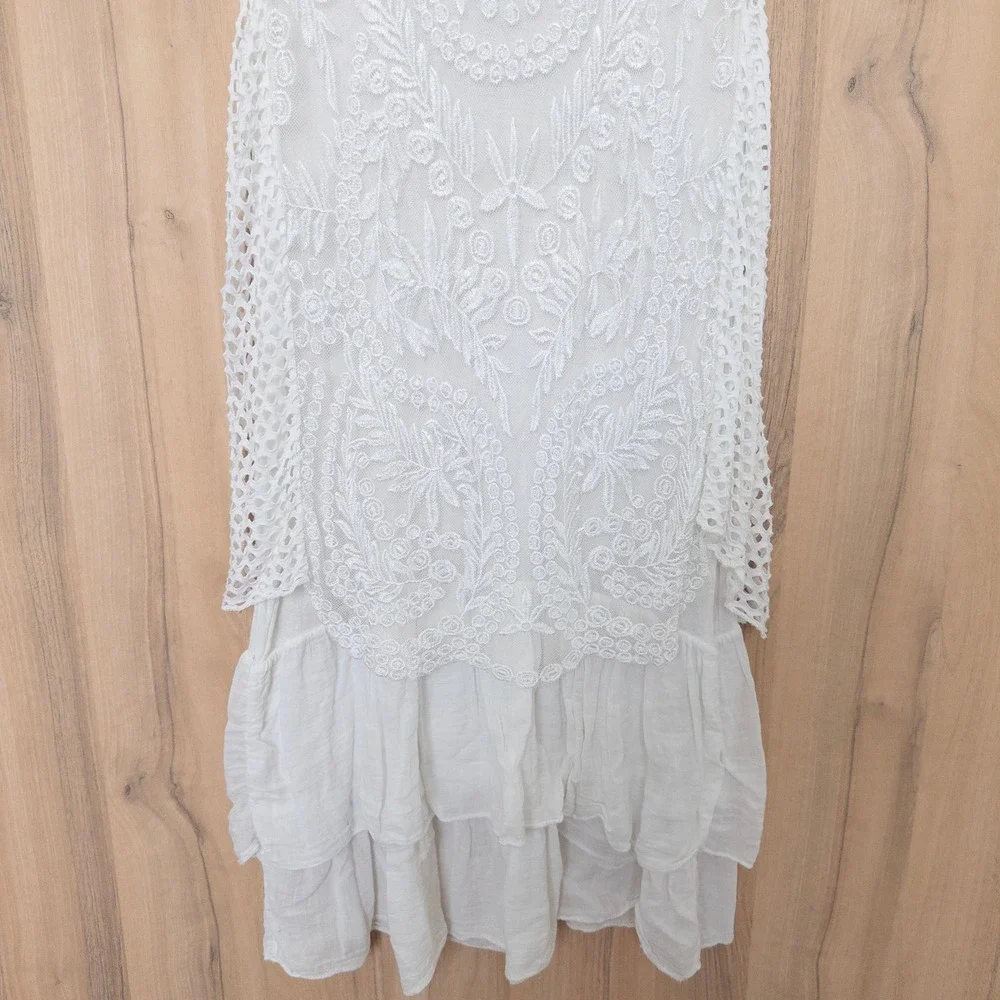 Womens Lace Layered Dress L White Mesh Floral Embroidered Boho Festival Italy